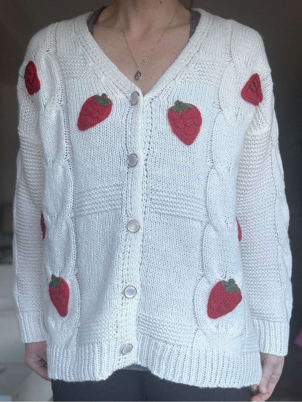 BiBi White Cable-Knit Cardigan with Red Strawberry Appliqués